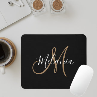  Black Gold Monogram Elegant Stylish Script Name  Mouse Mat