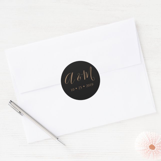 Black Gold Monogram Elegant Wedding Classic Round Sticker (Envelope)