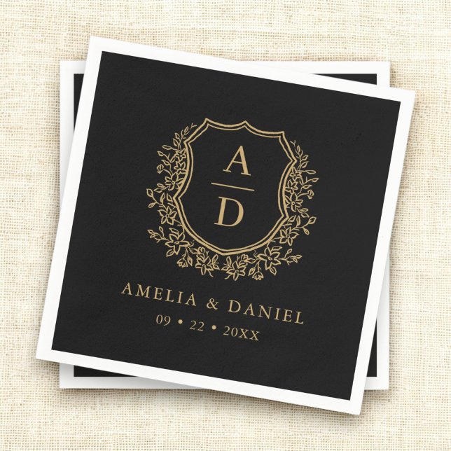 Black Gold Monogram Floral Crest Wedding  Napkin (Creator Uploaded)