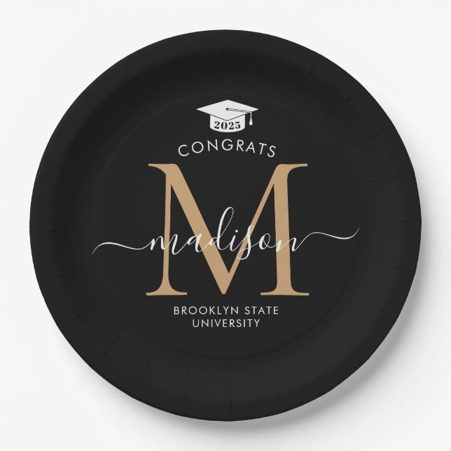 Black Gold Monogram Graduate Cap Party Graduation Paper Plate (Front)