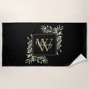 Black Gold Monogram Greenery Floral Beach Towel