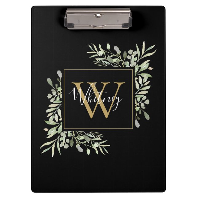 Black Gold Monogram Greenery Floral Clipboard (Front)