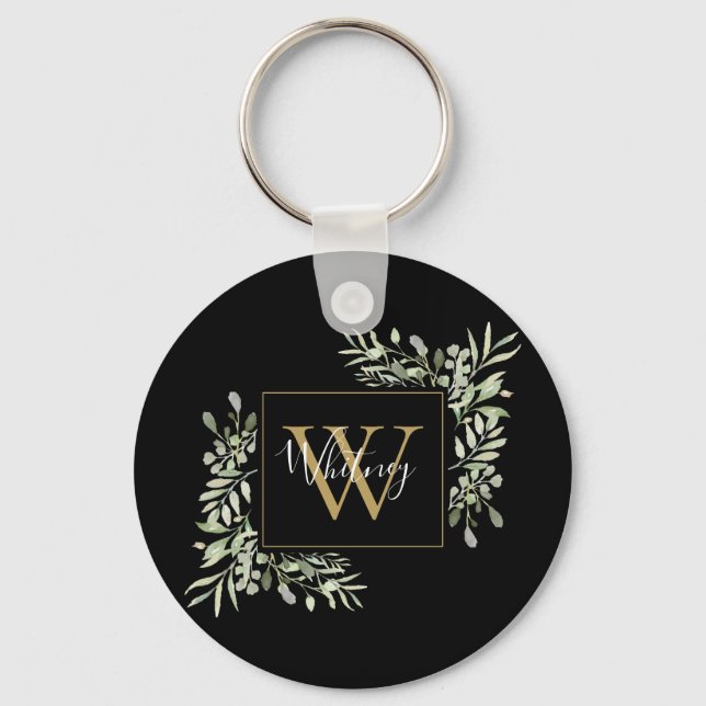 Black Gold Monogram Greenery Floral  Key Ring (Front)