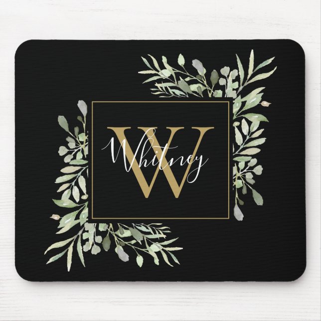 Black Gold Monogram Greenery Floral  Mouse Mat (Front)