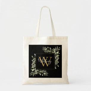Black Gold Monogram Greenery Floral  Tote Bag