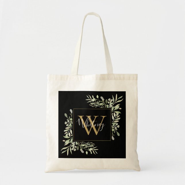 Black Gold Monogram Greenery Floral  Tote Bag (Front)