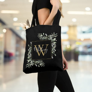 Black Gold Monogram Greenery Floral Tote Bag