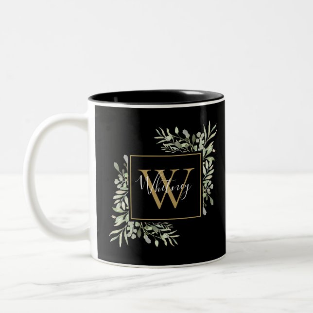 Black Gold Monogram Greenery Two-Tone Coffee Mug (Left)
