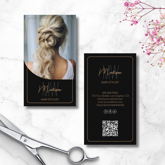 Black Gold Monogram Hair Stylist Salon Photo QR Business Card (Black Gold Monogram Hair Stylist Salon Photo QR Business Card)