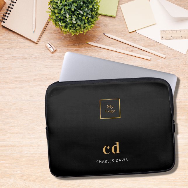 Black gold monogram initails name business logo laptop sleeve (Creator Uploaded)