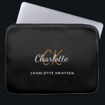 Black gold monogram initails name script laptop sleeve<br><div class="desc">A classic chic black background. Personalise and add your first name,  monogram initials and full name. The first name is written with a modern hand lettered style script. Modern,  trendy and simple.</div>
