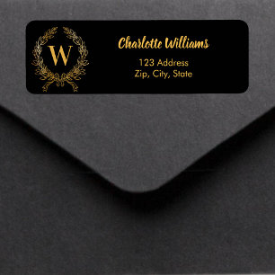 Black gold monogram initial wreath return address