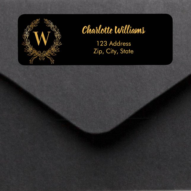 Black gold monogram initial wreath return address (Creator Uploaded)