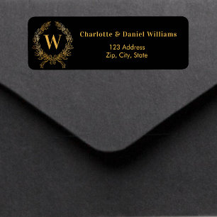 Black gold monogram initial wreath return address