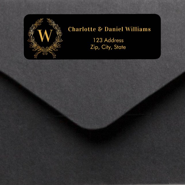 Black gold monogram initial wreath return address (Creator Uploaded)