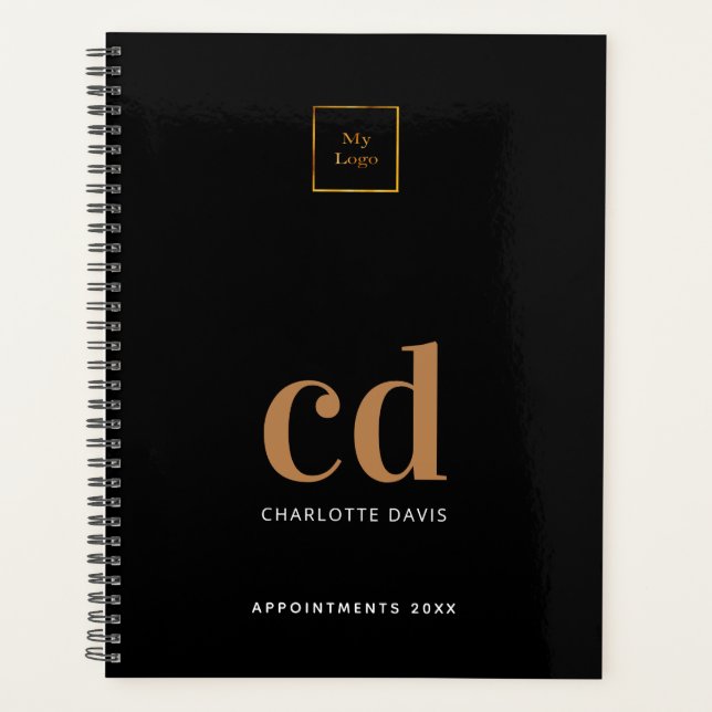 Black gold monogram initials business logo planner (Front)