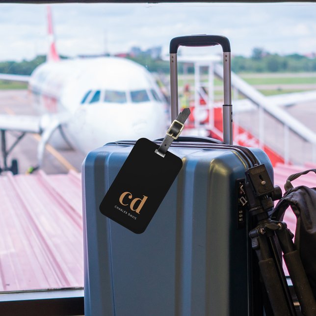 Black gold monogram initials elegant modern luggage tag (Creator Uploaded)
