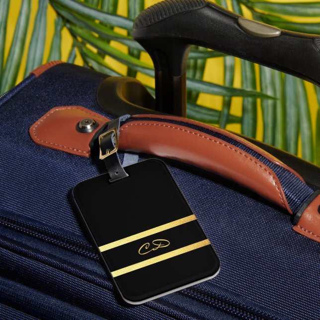 Black gold monogram initials luggage tag (Front Insitu 1)