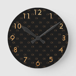 Black gold monogram initials minimalist elegant round clock