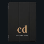 Black gold monogram initials modern elegant custom iPad pro cover<br><div class="desc">A classic chic black background. Personalise and add your monogram initials and your name. Golden and white letters. Modern,  trendy and simple.</div>