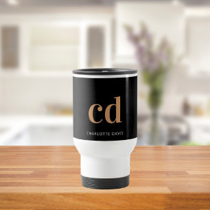 Black gold monogram initials modern elegant custom travel mug