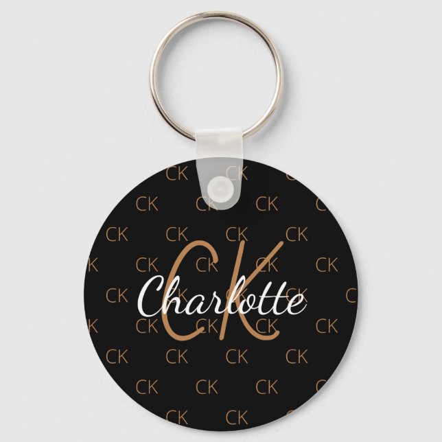 Black gold monogram initials name  key ring (Front)