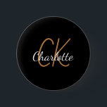 Black gold monogram initials name minimalist 6 cm round badge<br><div class="desc">Black background,  golden and white text. Personalise and add your monogram initials and name.  The name is written with a mothern hand lettered style script.</div>