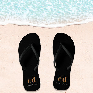 Black gold monogram initials name minimalist flip flops