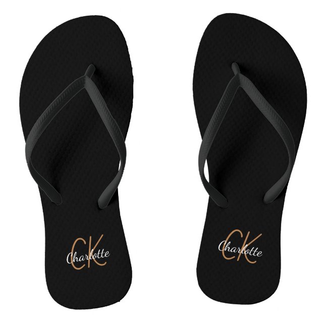 Black gold monogram initials name minimalist flip flops (Footbed)