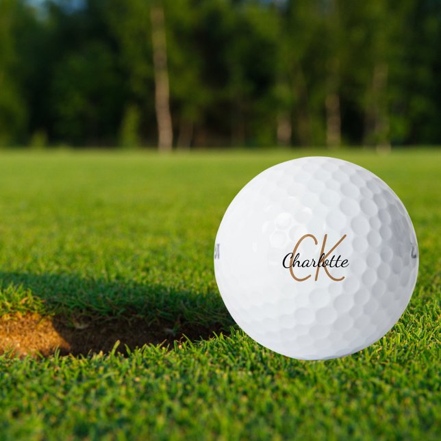 Black gold monogram initials name minimalist  golf balls (Creator Uploaded)