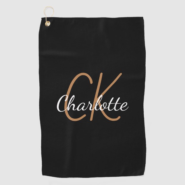 Black gold monogram initials name minimalist golf towel (Front)
