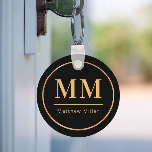 Black gold monogram initials name minimalist  key ring