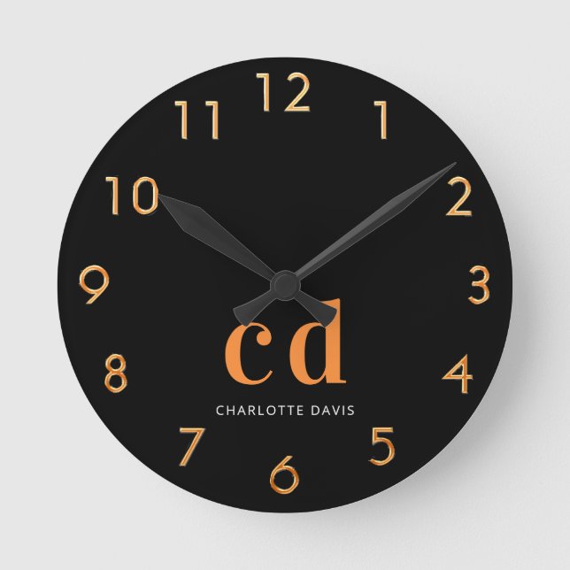 Black gold monogram initials name round clock (Front)