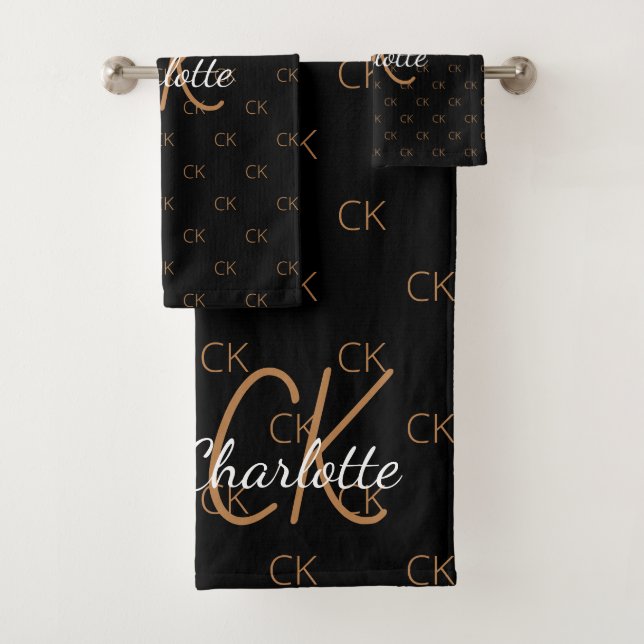 Black gold monogram initials name script elegant bath towel set (Insitu)
