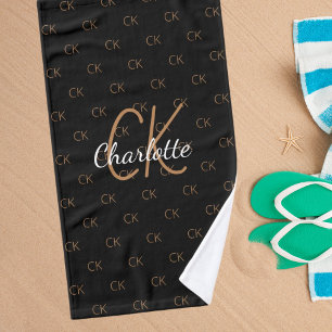 Black gold monogram initials name script elegant hand towel