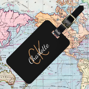 Black gold monogram initials name script elegant luggage tag