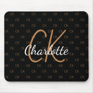 Black gold monogram initials name script elegant mouse mat