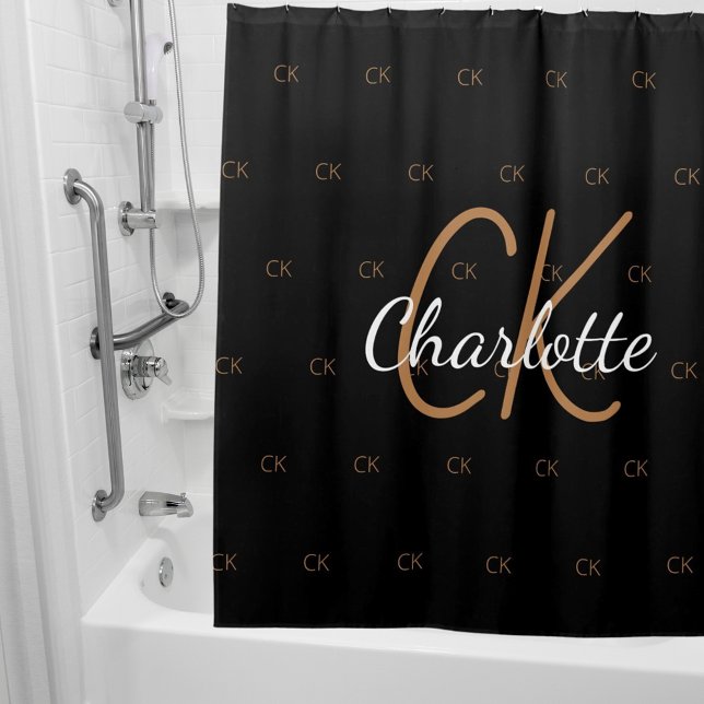 Black gold monogram initials name script shower curtain (Creator Uploaded)