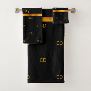 Black gold monogram initials pattern name bath towel set
