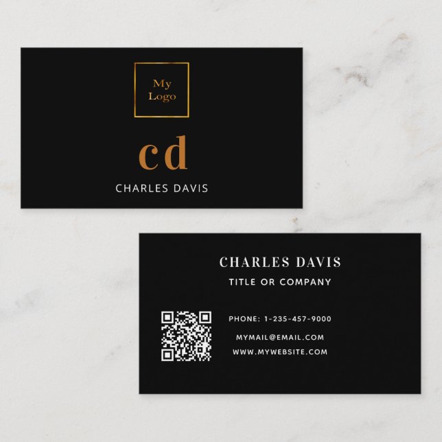 Black gold monogram initials Qr code logo Business Card (Front/Back)