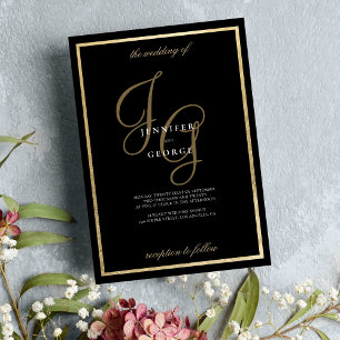 Black gold monogram initials romantic wedding invitation