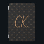 Black gold monogram initials script modern iPad mini cover<br><div class="desc">Personalise and add your monogram letters,  initials,   The monogram initials as a pattern on the background.   A classic chic black background colour.  Golden coloured letters.</div>