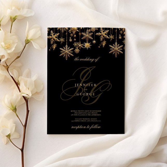 Black gold monogram initials snowflakes Wedding Invitation (Black gold monogram initials snowflakes Wedding )