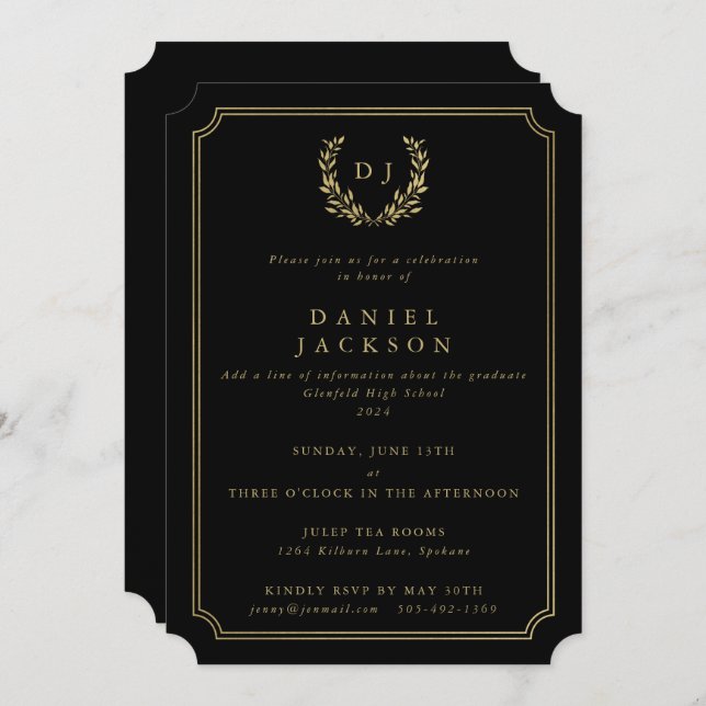 Black/Gold Monogram Laurel Wreath Graduation Invitation (Front/Back)