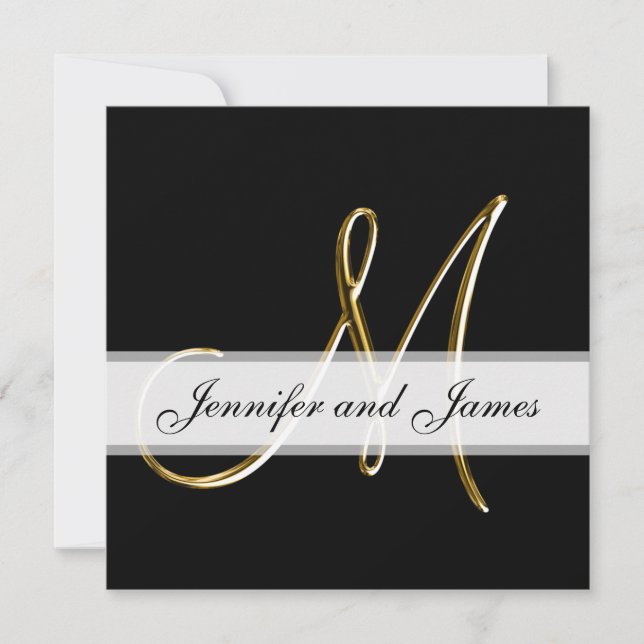Black Gold Monogram M Wedding Invitation (Front)