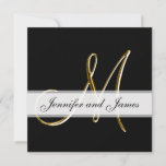 Black Gold Monogram M Wedding Invitation<br><div class="desc">Elegant Black and White Wedding Invitation with Metallic Gold Monogram M photo printed on a square card. This simple,  yet elegant design allows for a modern clean style on the front of the invitation,  paired with a traditional look with formal text on the back of the invitation.</div>