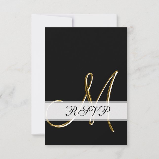 Black Gold Monogram M Wedding RSVP Card (Front)