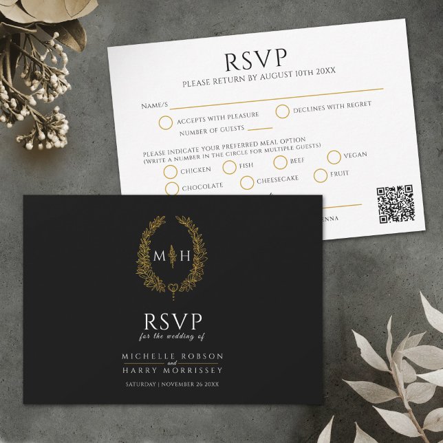 Black gold monogram meal option wedding QR code RSVP Card (Creator Uploaded)