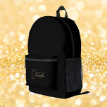 Black Gold Monogram Mens Womens Travel Laptop Cool Printed Backpack<br><div class="desc">Create your own custom, personalised, modern faux gold script / typography monogram monogrammed, durable Polyester Poplin, mens womens kids teen girl boy solid jet black school college university student office laptop travel gym sports backpack bag, featuring spacious interior, a two-chamber design with laptop storage pouch, mesh side pocket great for...</div>