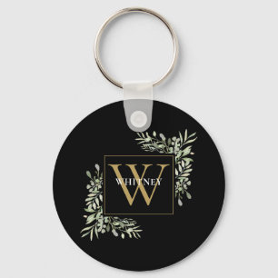 Black Gold Monogram Modern Greenery Personalised Key Ring